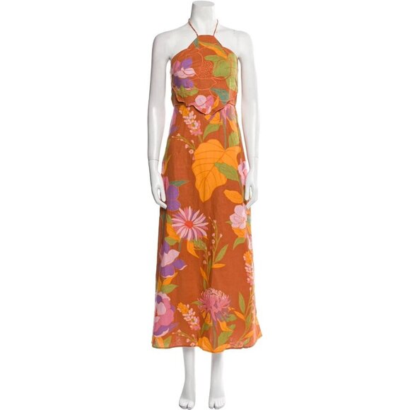 Caroline Constas Halter Dress Orange Floral Linen Blend Embroidered NWT M - Picture 1 of 10
